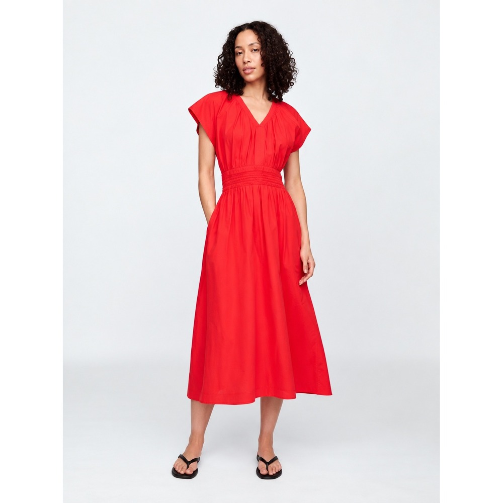Gap Women Red Smocked V-Neck Cotton Gauze Midi Dress Size L Tomato Red